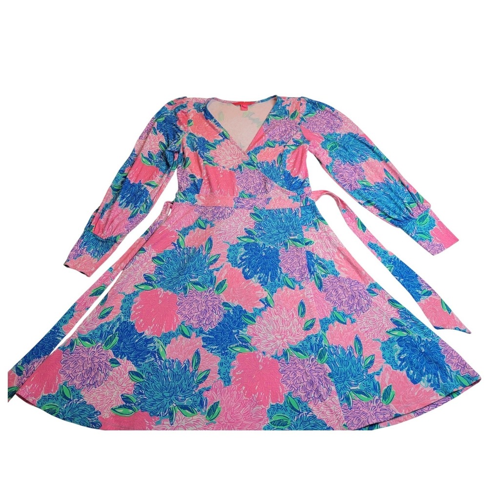 Lilly Pulitzer Wrap Dress Womens S Pink Blue Floral Long Sleeve Faux Wrap Jersey - Picture 6 of 16